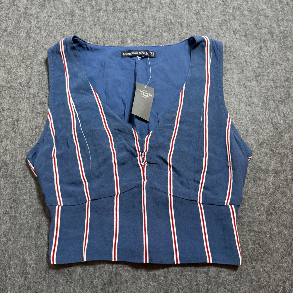 Abercrombie & Fitch Blue Striped V-Neck Smocked Back Sleeveless Crop Top NEW